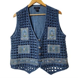 Vintage blue embroiderd floral lattice short coat cottagecore vest